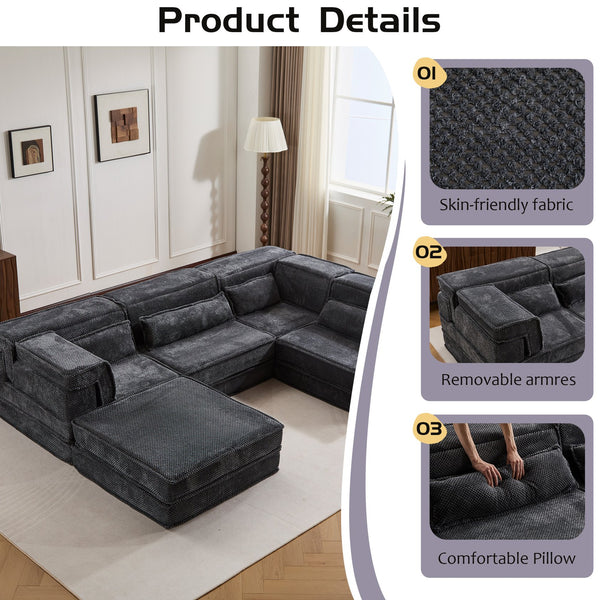 English Elm Compression Mahjong Sofa - Oversized Modular Floor Bed With Ottoman, No Assembly, Soft Fleece Fabric W3723S00037