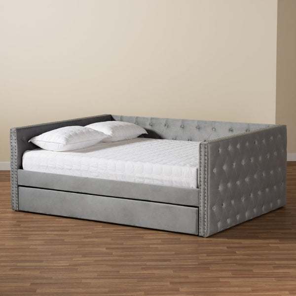 Baxton Studio Baxton Studio Grey Velvet Upholstered Queen Daybed with Trundle - Modern Design & Ultimate Comfort CF9227-Silver Grey Velvet-Daybed-Q/T