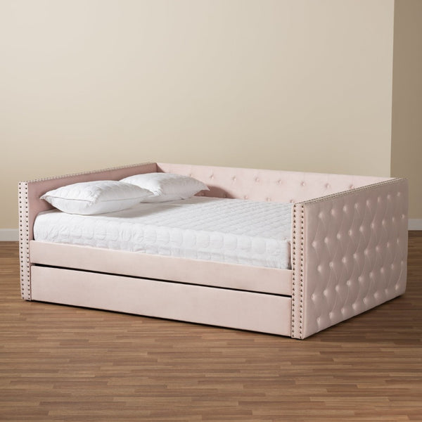 Baxton Studio Baxton Studio Larkin Modern Pink Velvet Daybed with Trundle - Stylish, Space-Saving Comfort Solution! CF9227-Pink Velvet Velvet-Daybed-F/T