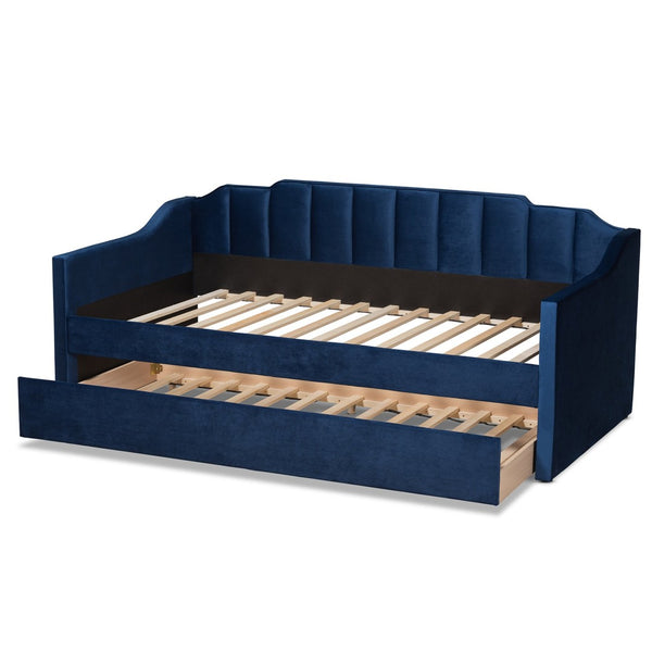 Baxton Studio Baxton Studio Lennon Modern Navy Blue Velvet Daybed with Trundle - Elegant Comfort for Guests Twin CF9172-Navy Blue Velvet-Daybed-T/T