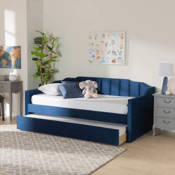 Baxton Studio Baxton Studio Lennon Modern Navy Blue Velvet Daybed with Trundle - Elegant Comfort for Guests Twin CF9172-Navy Blue Velvet-Daybed-T/T