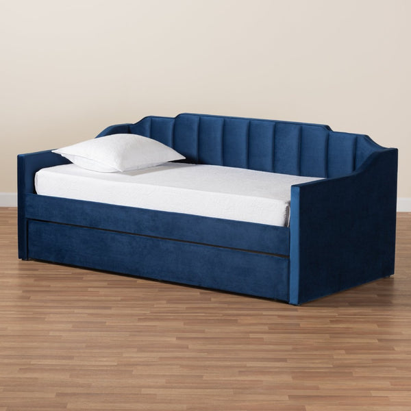 Baxton Studio Baxton Studio Lennon Modern Navy Blue Velvet Daybed with Trundle - Elegant Comfort for Guests Twin CF9172-Navy Blue Velvet-Daybed-T/T