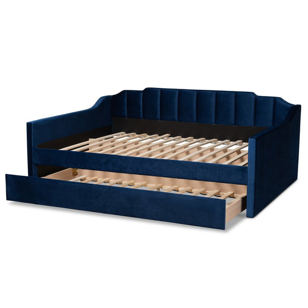 Baxton Studio Baxton Studio Lennon Modern Navy Blue Velvet Daybed with Trundle - Elegant Comfort for Guests Queen CF9172-Navy Blue Velvet-Daybed-Q/T