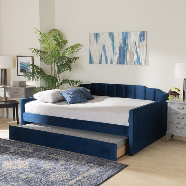 Baxton Studio Baxton Studio Lennon Modern Navy Blue Velvet Daybed with Trundle - Elegant Comfort for Guests Queen CF9172-Navy Blue Velvet-Daybed-Q/T