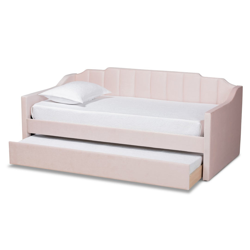 Baxton Studio Baxton Studio Modern Pink Velvet Upholstered Daybed with Trundle - Stylish Comfort for Any Room Twin CF9172-Pink Velvet Velvet-Daybed-T/T