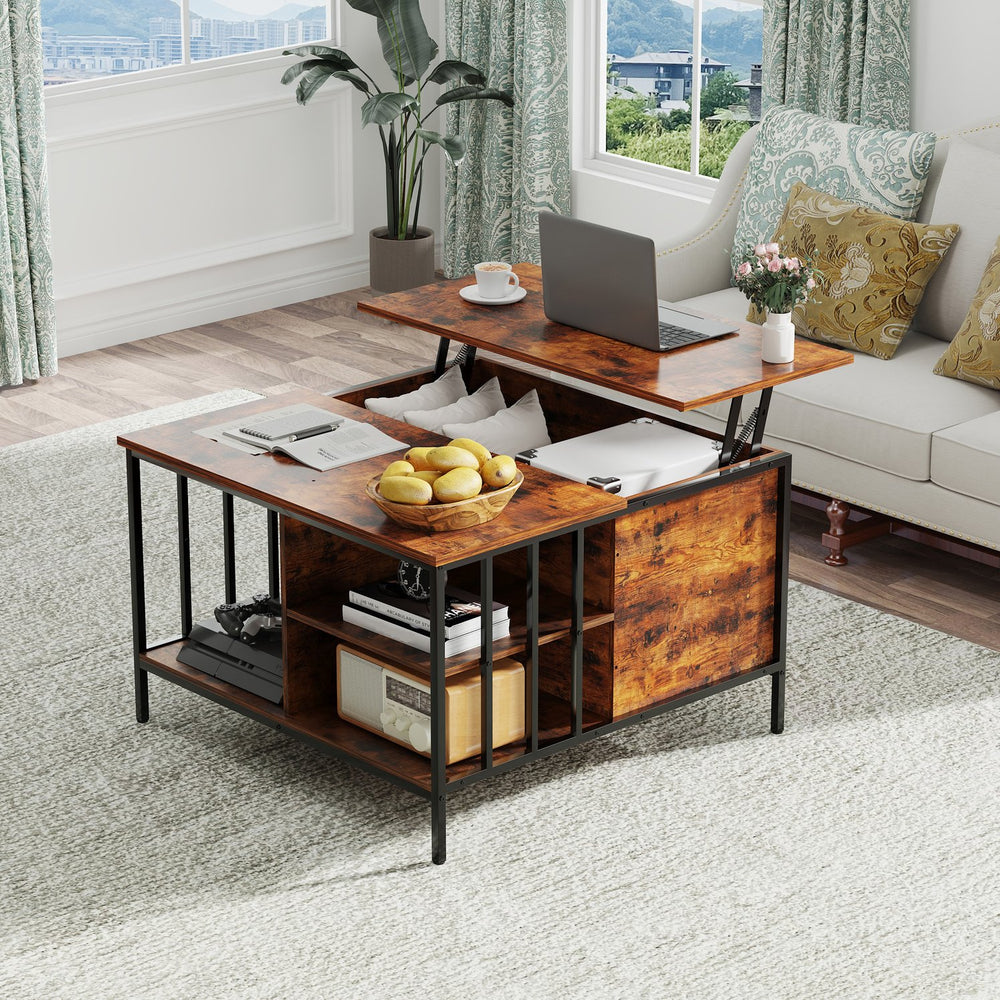 English Elm Farmhouse Lift Top Coffee Table with Hidden Compartment & 3 Shelves, Adjustable 20.3–25.6" Height W2735P332168