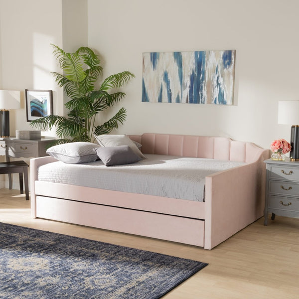 Baxton Studio Baxton Studio Modern Pink Velvet Upholstered Daybed with Trundle - Stylish Comfort for Any Room Lennon CF9172-Pink Velvet Velvet-Daybed-F/T