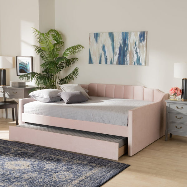Baxton Studio Baxton Studio Modern Pink Velvet Upholstered Daybed with Trundle - Stylish Comfort for Any Room Lennon CF9172-Pink Velvet Velvet-Daybed-F/T