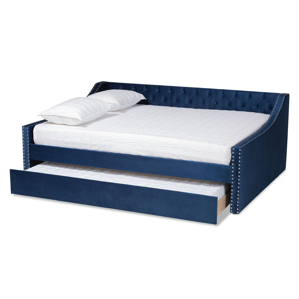 Baxton Studio Baxton Studio Raphael Queen Daybed in Navy Blue Velvet with Trundle - Modern Glamour & Comfort CF9228 -Navy Blue Velvet-Daybed-Q/T