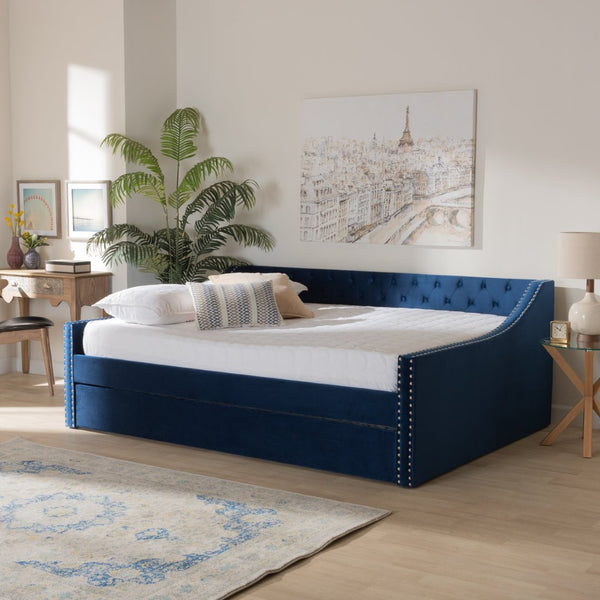 Baxton Studio Baxton Studio Raphael Queen Daybed in Navy Blue Velvet with Trundle - Modern Glamour & Comfort CF9228 -Navy Blue Velvet-Daybed-Q/T