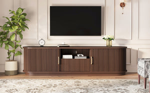 English Elm Vintage Farmhouse Media Console with Slatted Sliding Doors and Brass Hardware for Living Room Walnut N721P427206P