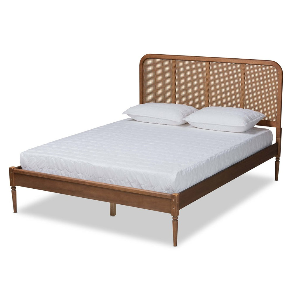 Baxton Studio Baxton Elston Mid-Century Full Platform Bed with Rattan Headboard, Walnut Finish & Stylish Support MG0056-Rattan/Walnut-Full