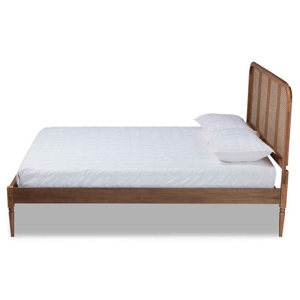 Baxton Studio Baxton Elston Mid-Century Full Platform Bed with Rattan Headboard, Walnut Finish & Stylish Support MG0056-Rattan/Walnut-Full