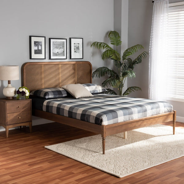 Baxton Studio Baxton Studio Elston Mid-Century Modern Queen Bed with Rattan Headboard and Walnut Finish Elegance MG0056-Walnut Rattan/Walnut-Queen