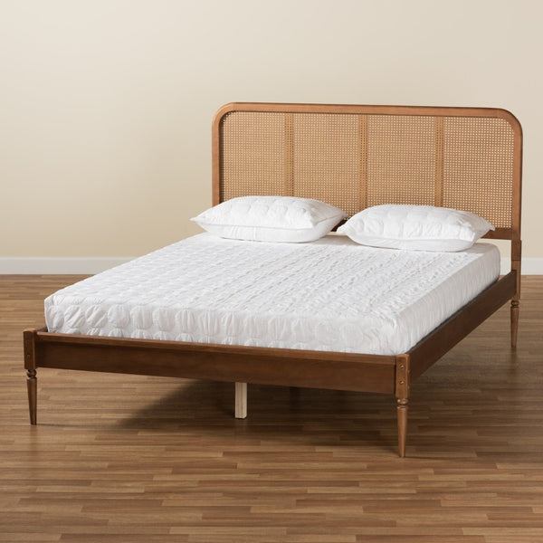 Baxton Studio Baxton Elston King Size Platform Bed - Mid-Century Modern Walnut Finish with Rattan Headboard Design MG0056-Rattan/Walnut-King