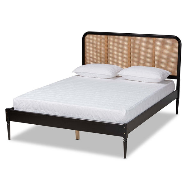 Baxton Studio Baxton Elston Mid-Century Platform Bed - Charcoal Wood Frame & Woven Rattan Headboard, Queen Size MG0056-Walnut Rattan/Black-Queen