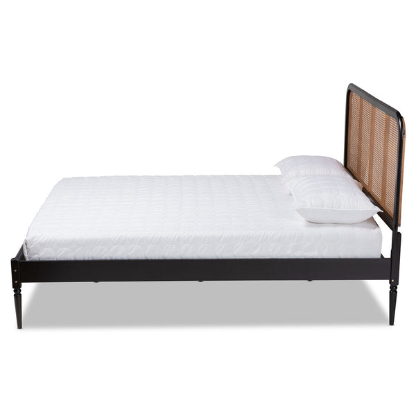 Baxton Studio Baxton Elston Mid-Century Platform Bed - Charcoal Wood Frame & Woven Rattan Headboard, Queen Size MG0056-Walnut Rattan/Black-Queen