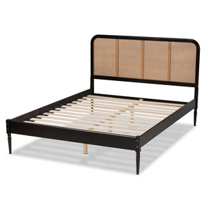 Baxton Studio Baxton Elston Mid-Century Platform Bed - Charcoal Wood Frame & Woven Rattan Headboard, Queen Size MG0056-Walnut Rattan/Black-Queen