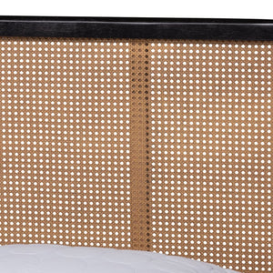 Baxton Studio Baxton Elston Mid-Century Platform Bed - Charcoal Wood Frame & Woven Rattan Headboard, Queen Size MG0056-Walnut Rattan/Black-Queen