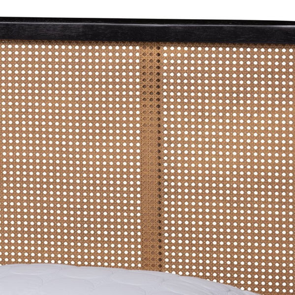 Baxton Studio Baxton Elston Mid-Century Platform Bed - Charcoal Wood Frame & Woven Rattan Headboard, Queen Size MG0056-Walnut Rattan/Black-Queen