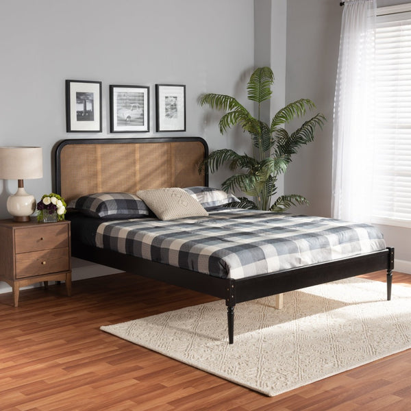 Baxton Studio Baxton Elston Mid-Century Platform Bed - Charcoal Wood Frame & Woven Rattan Headboard, Queen Size MG0056-Walnut Rattan/Black-Queen