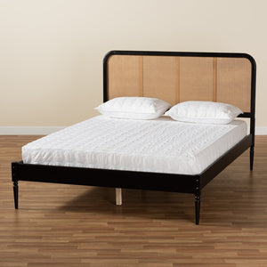 Baxton Studio Baxton Elston Mid-Century Platform Bed - Charcoal Wood Frame & Woven Rattan Headboard, Queen Size MG0056-Walnut Rattan/Black-Queen