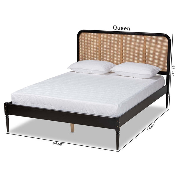Baxton Studio Baxton Elston Mid-Century Platform Bed - Charcoal Wood Frame & Woven Rattan Headboard, Queen Size MG0056-Walnut Rattan/Black-Queen