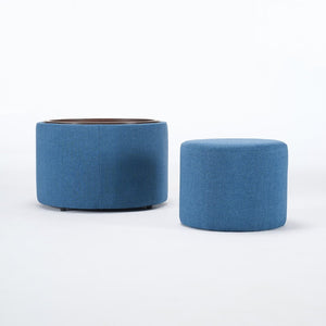 English Elm Ball Cast Round Nesting Ottoman Set Linen Upholstered Hidden Storage with Wooden Tray Blue W3163P379374