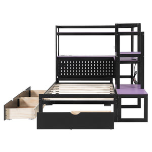 English Elm Twin Gaming Daybed with Led Strips Desk Pegboard Bookcase and Three Storage Drawers Purple+Black N820S00083I