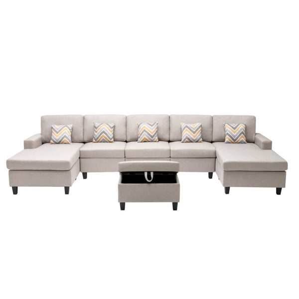English Elm Nereo Gray Linen Double Chaise Sectional with Storage Ottoman for Spacious Living Beige B2749S00123