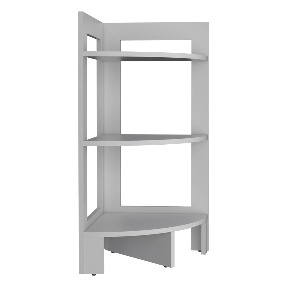 English Elm Riga Corner 3-Tier Shelf Side Table with Tray Top, Compact Versatile End Table for Small Spaces White 34.3 L x 17 W x 2.8 H B200P235865