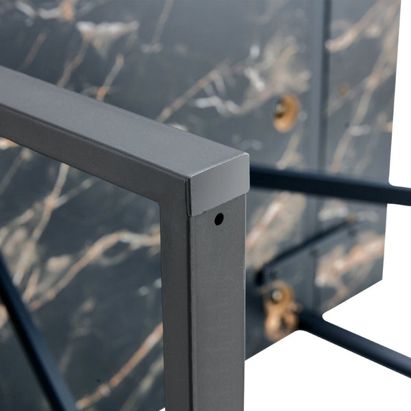 English Elm Table Modern Black Marble Pattern Dining Set - 6-Piece With Pu Chairs & Bench For Elegant Dining W1151S03579-GIGA