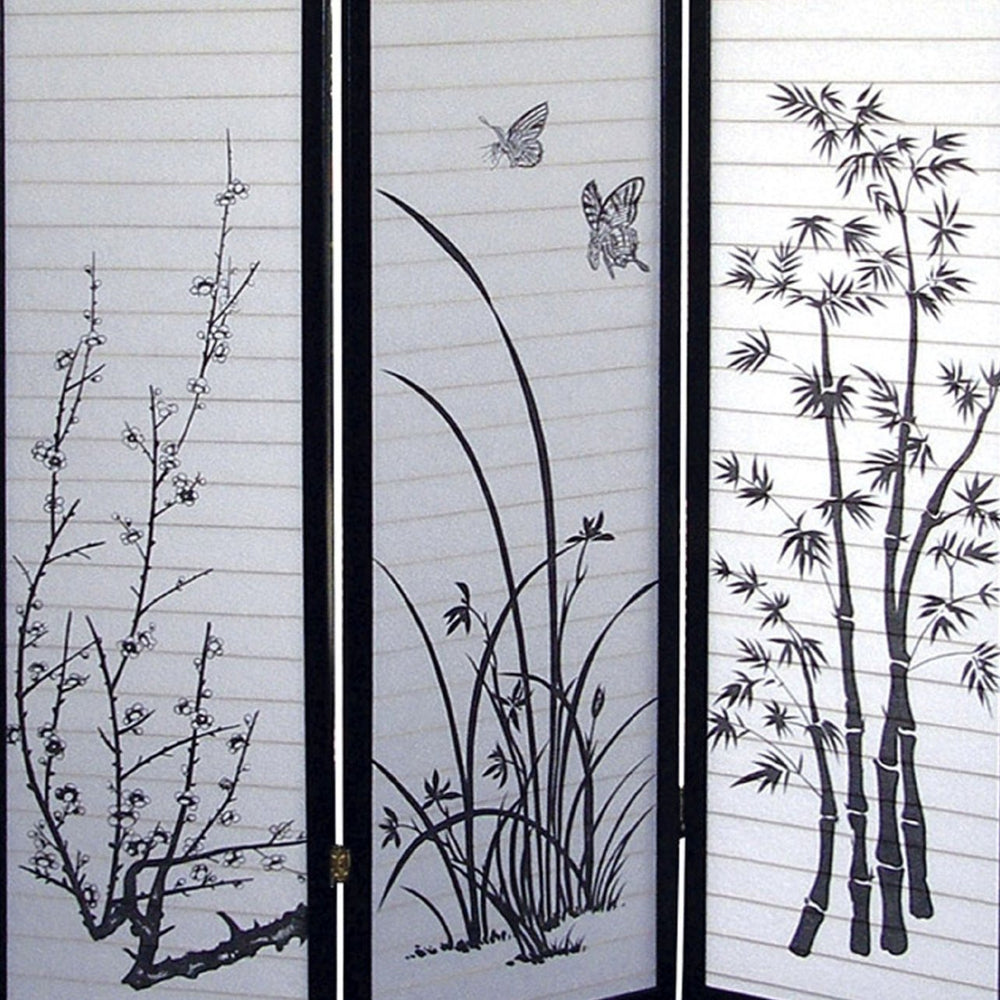 English Elm 70" Tall 3-Panel Folding Screen – Elegant Floral Design, Black Frame, Ideal For Privacy & Decor B072115972