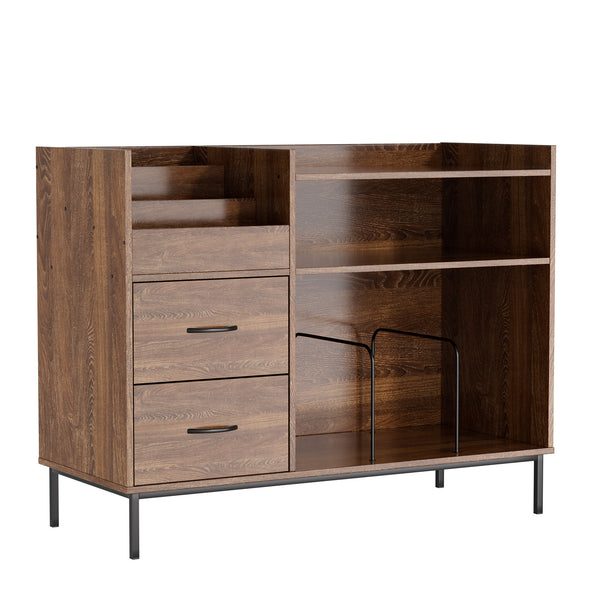 English Elm Record Player Stand with Flip-Down Lid, Built-In Power & USB, Dust-Protecting Turntable Console for 300+ Vinyls Brown W2735P332344