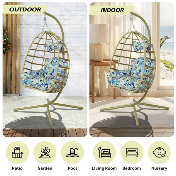 English Elm Egg Hanging Chair with Stand Pe Rattan Swing Seat Washable Cushion 350lb Capacity T5880P497438
