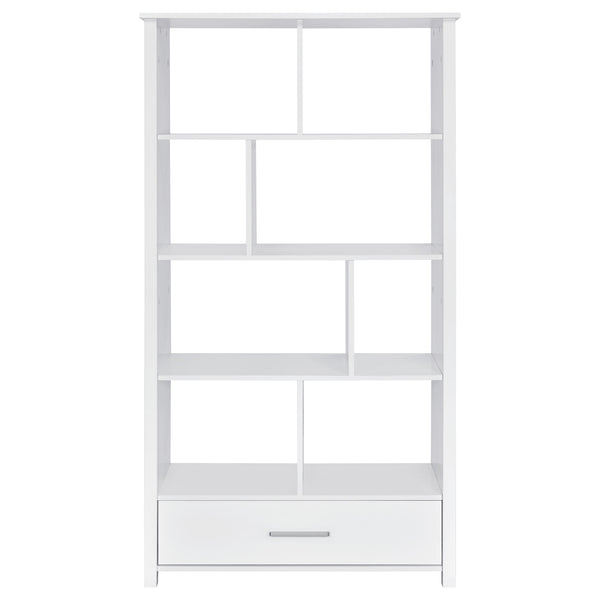English Elm Dylan White High Gloss 4-Shelf Bookshelf with Curved Glass Top, Bottom Drawer & Sleek Modern Storage cabinetry B062P344933