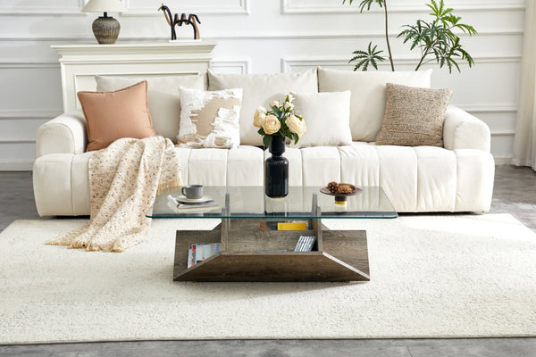 English Elm Tempered Glass Top Coffee Table with Carved Wood Grain Mdf Base and Open Storage W3875P387030