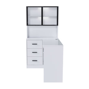 English Elm Computer Corner L-Shaped Desk with Glass Cabinets, Built-In LED, USB Ports, Keyboard Tray, Ergonomic Design White W2699P345803