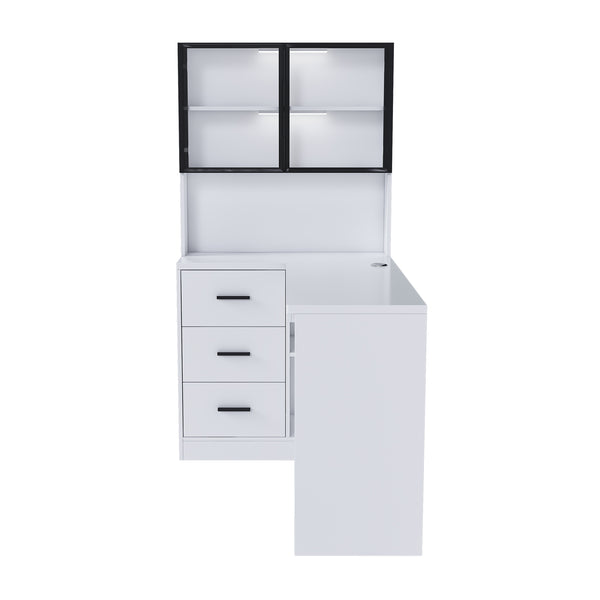 English Elm Computer Corner L-Shaped Desk with Glass Cabinets, Built-In LED, USB Ports, Keyboard Tray, Ergonomic Design White W2699P345803