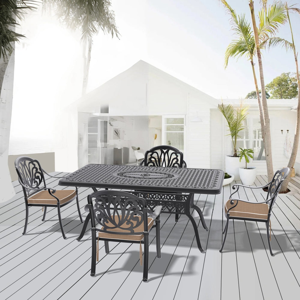 English Elm 5-Piece Cast Aluminum Patio Furniture Set With Stylish Black Frame And Brown Cushions For 4 W1710S00097