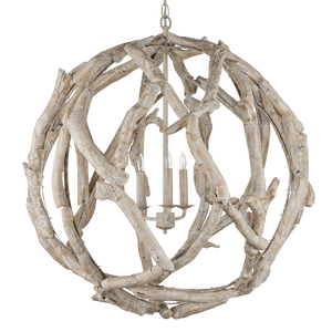 Driftwood Whitewash Orb Chandelier - Coastal Elegance in Natural Driftwood, Adjustable Height Design