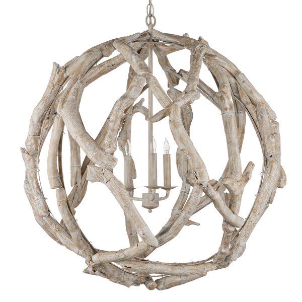 Driftwood Whitewash Orb Chandelier - Coastal Elegance in Natural Driftwood, Adjustable Height Design