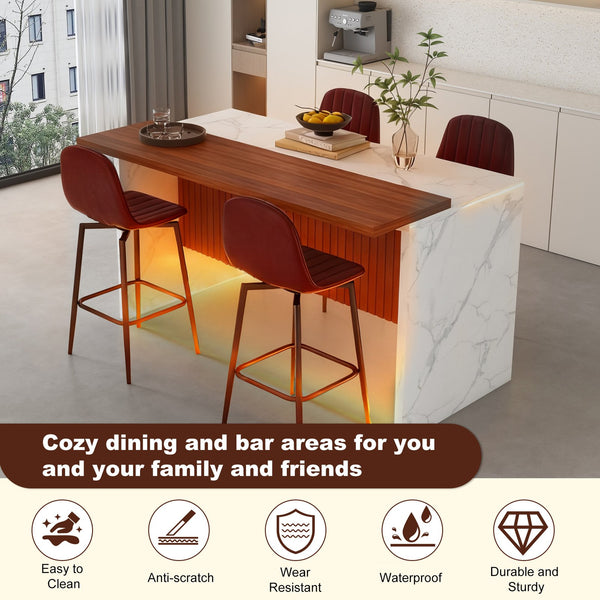 English Elm 63-Inch Modern Kitchen Island Set With 4 Dark Brown Bar Stools - Elegant Marble Surface & Led Glow W2699S00069
