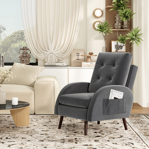English Elm Upholstered Velvet Accent Chair and Ottoman with Storage, Tufted Design, 6-Level Adjustable Backrest Dark Gray T3623P411376