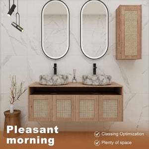 English Elm 48" Floating Bathroom Vanity Dual Ceramic Vessel Sinks Oak Finish Soft Close Doors W999S00500