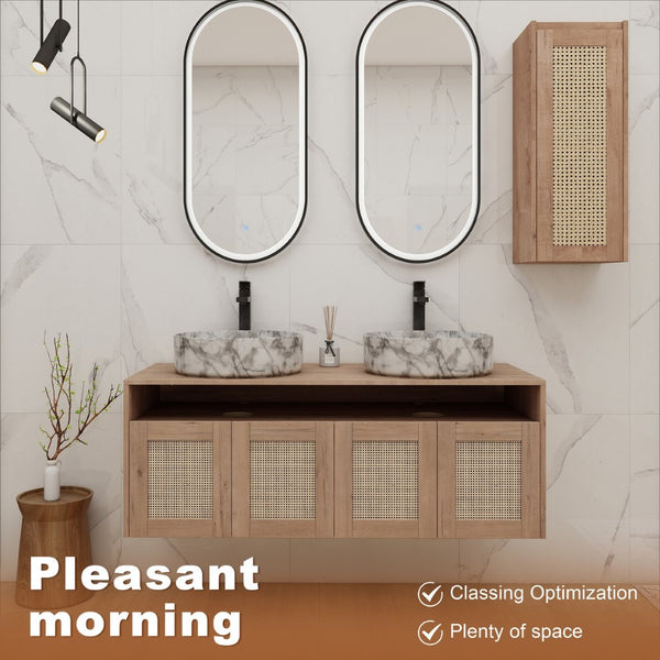 English Elm 48" Floating Bathroom Vanity Dual Ceramic Vessel Sinks Oak Finish Soft Close Doors W999S00500