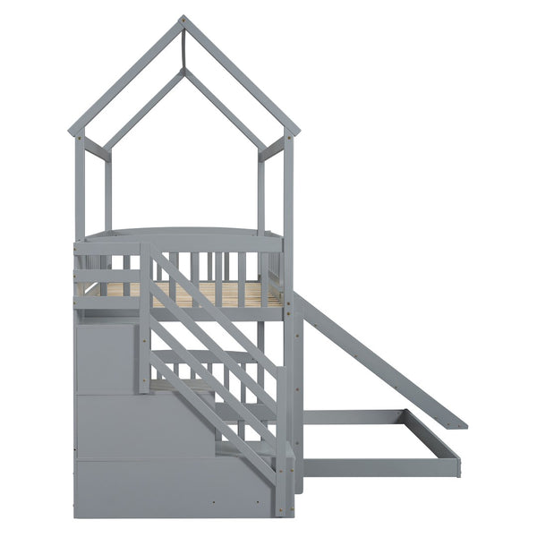 English Elm Twin Over Full Bunk Bed Playhouse Frame with Slide Staircase and Storage Drawers LT100129AAE