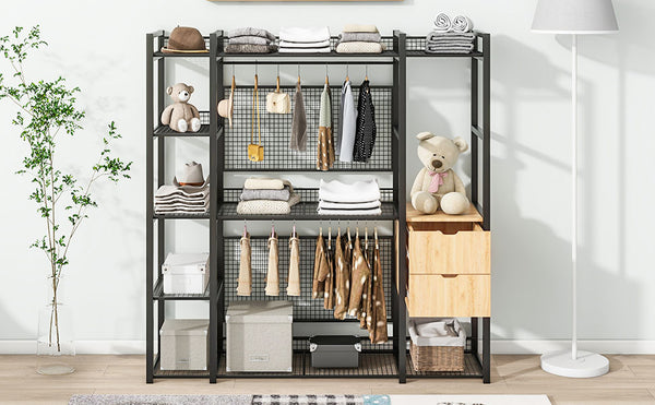 English Elm Open-Style Wardrobe Storage System with Heavy-Duty Metal Frame, Rails, Shelves & Drawers - Sleek Durable Design for Organized Living Black SF000087AAB