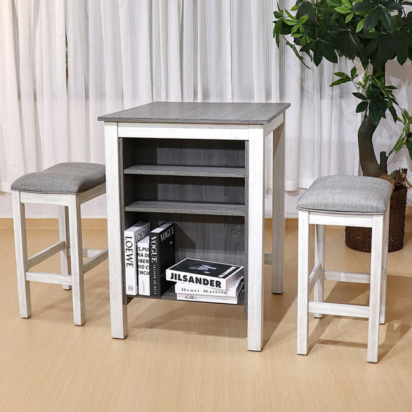 English Elm 3 Piece Counter Height Dining Set with Shelving Cushioned Stools Modern Farmhouse Kitchen Antique Gray,Antique White W2537P369838