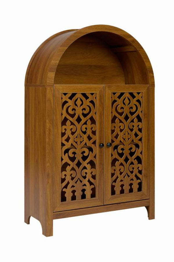 English Elm Hand-carved Solid Wood Tall Narrow Cabinet with Floral Arched Doors and Open Shelving W3123P485765